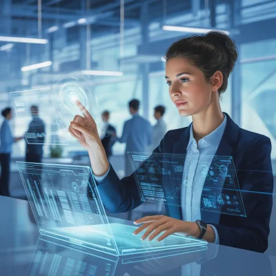Businessfrau interagiert mit holografischen KI-Interfaces in einem modernen Büro